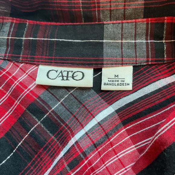 Cato Red Black Plaid W/Silver Thread Long Sleeve Fitted Pockets Western Shirt M - Picture 4 of 7